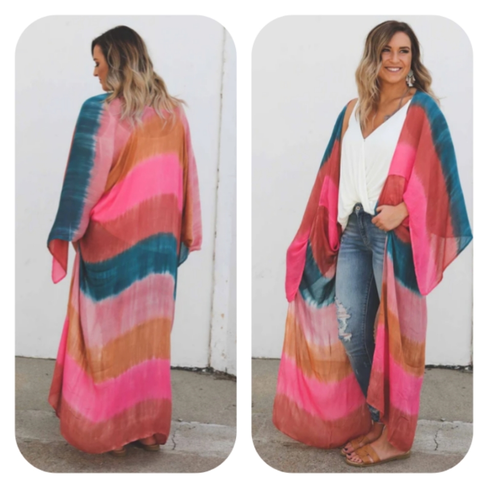 New Tie Dye Kimono Swim Cover Up Cardigan Duster - Picture 2 of 6